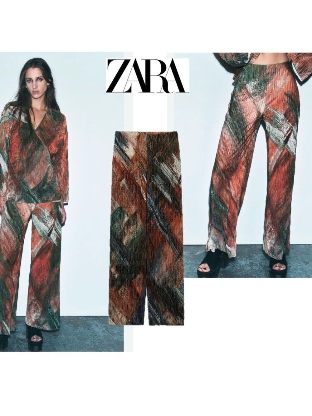 Zara pleated printed wide leg trousers dress pants pull on stretchy S NWOT
